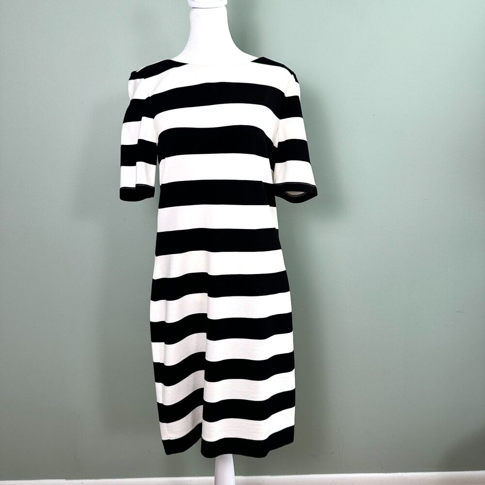 BANANA REPUBLIC Sheath Dress Striped Half Sleeve Womens 10 Black White Stretch